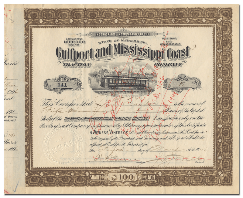 Gulfport and Mississippi Coast Traction Company Stock Certificate