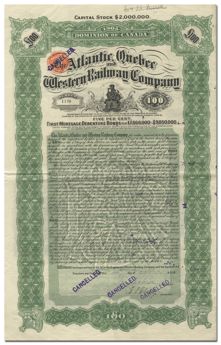 Atlantic, Quebec and Western Railway Company Bond Certificate