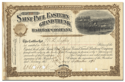 Saint Paul Eastern Grand Trunk Railway Company Stock Certificate