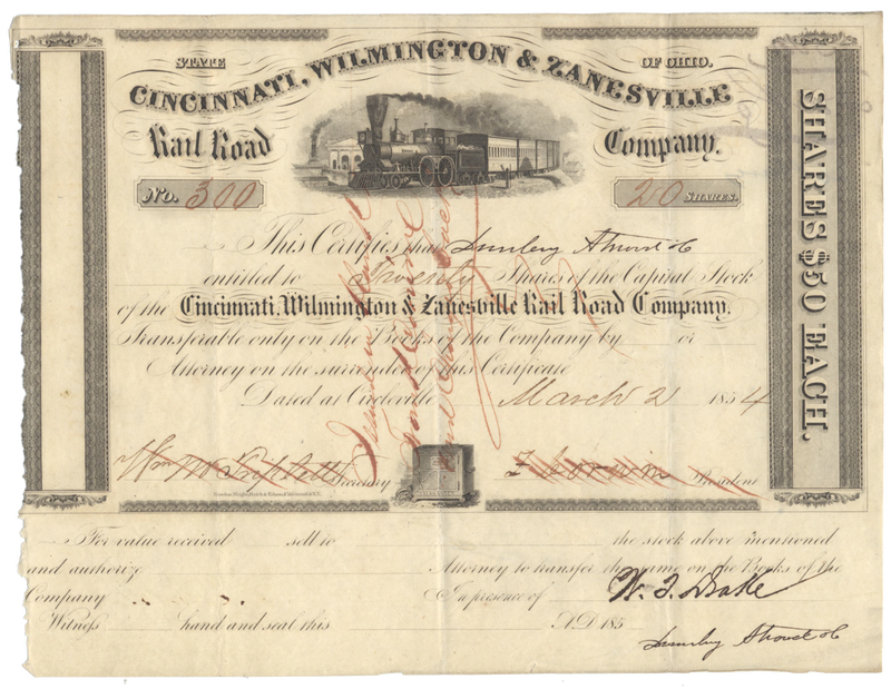Cincinnati, Wilmington & Zanesville Rail Road Company Stock Certificate