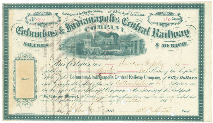 Columbus & Indianapolis Central Railway Company Stock Certificate