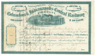 Columbus & Indianapolis Central Railway Company Stock Certificate