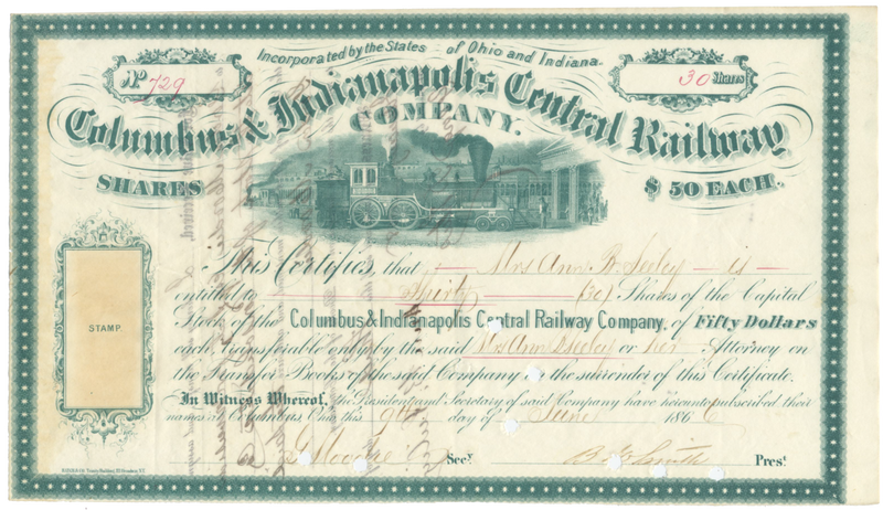 Columbus & Indianapolis Central Railway Company Stock Certificate