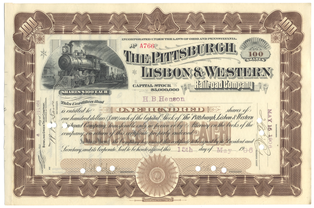 Pittsburgh, Lisbon & Western Railroad Company Stock Certificate Stock Certificate