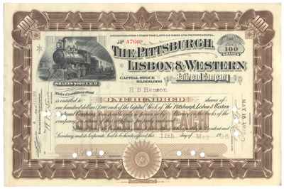Pittsburgh, Lisbon & Western Railroad Company Stock Certificate Stock Certificate