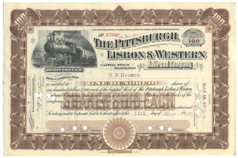 Pittsburgh, Lisbon & Western Railroad Company Stock Certificate Stock Certificate
