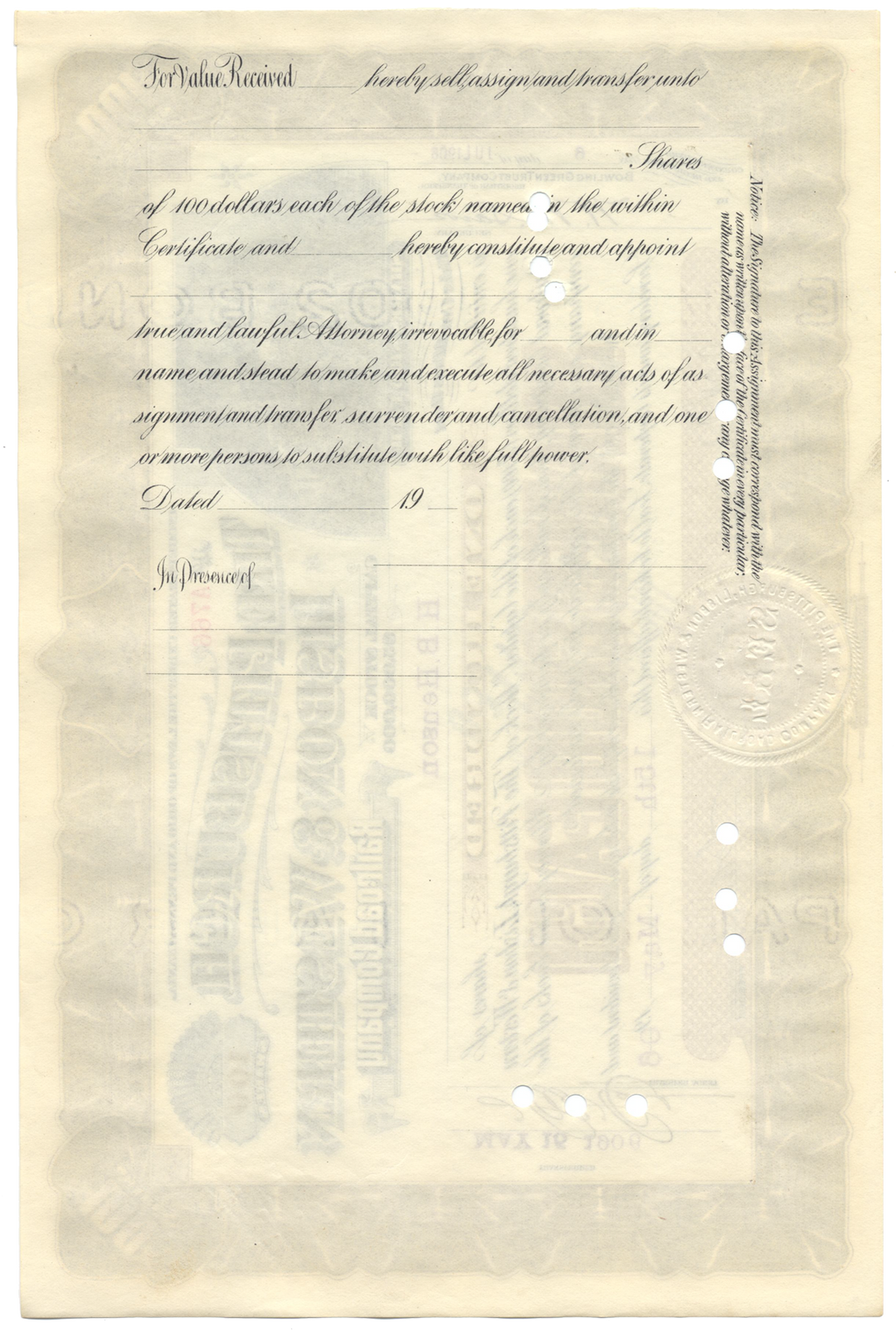 Pittsburgh, Lisbon & Western Railroad Company Stock Certificate Stock Certificate