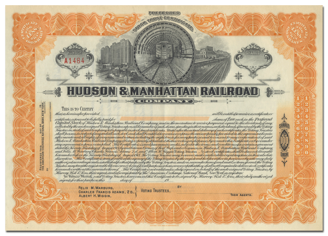 Hudson & Manhattan Railroad Company Stock Certificate