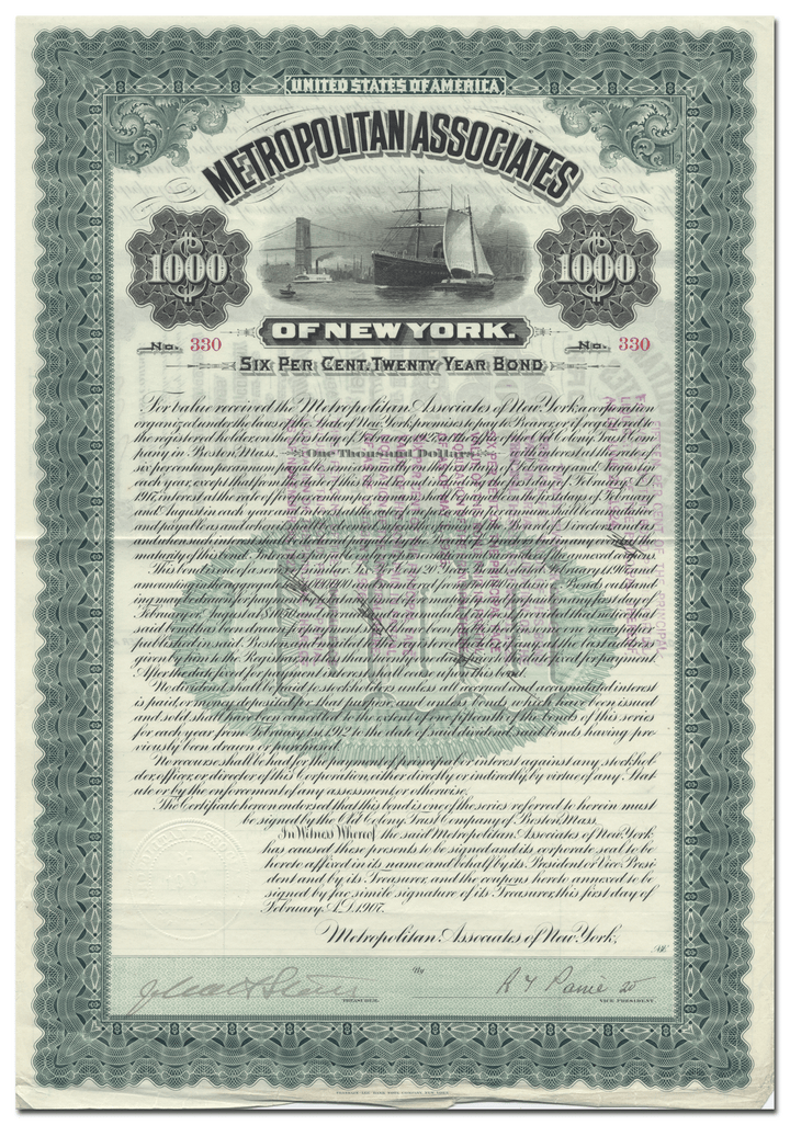 Metropolitan Associates of New York Bond Certificate