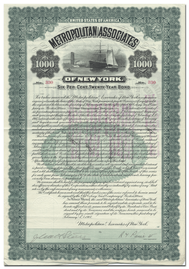 Metropolitan Associates of New York Bond Certificate