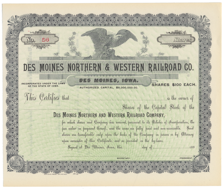 Des Moines Northern & Western Railroad Company Stock Certificate