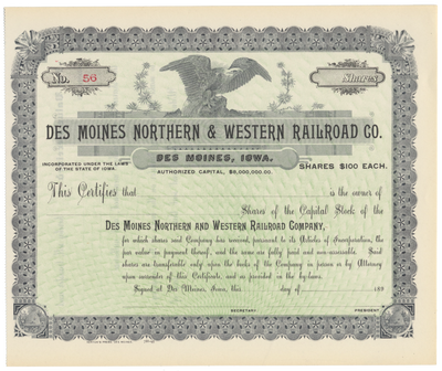 Des Moines Northern & Western Railroad Company Stock Certificate