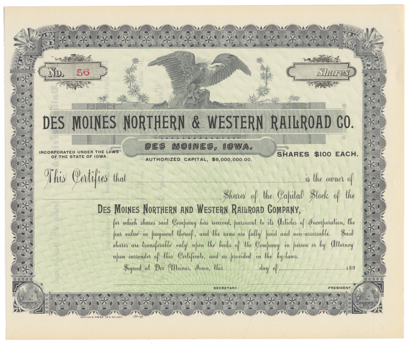 Des Moines Northern & Western Railroad Company Stock Certificate