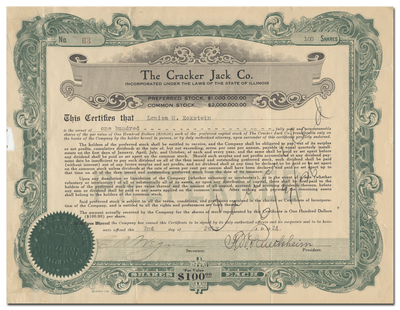 Cracker Jack Co. Stock Certificate Signed by Frederick Rueckheim)