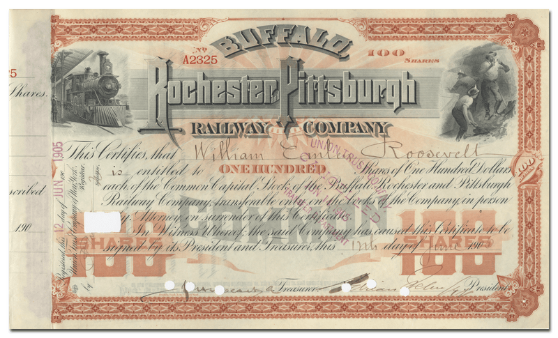 Buffalo, Rochester and Pittsburgh Railway Company Stock Certificate Issued to William Emlen Roosevelt