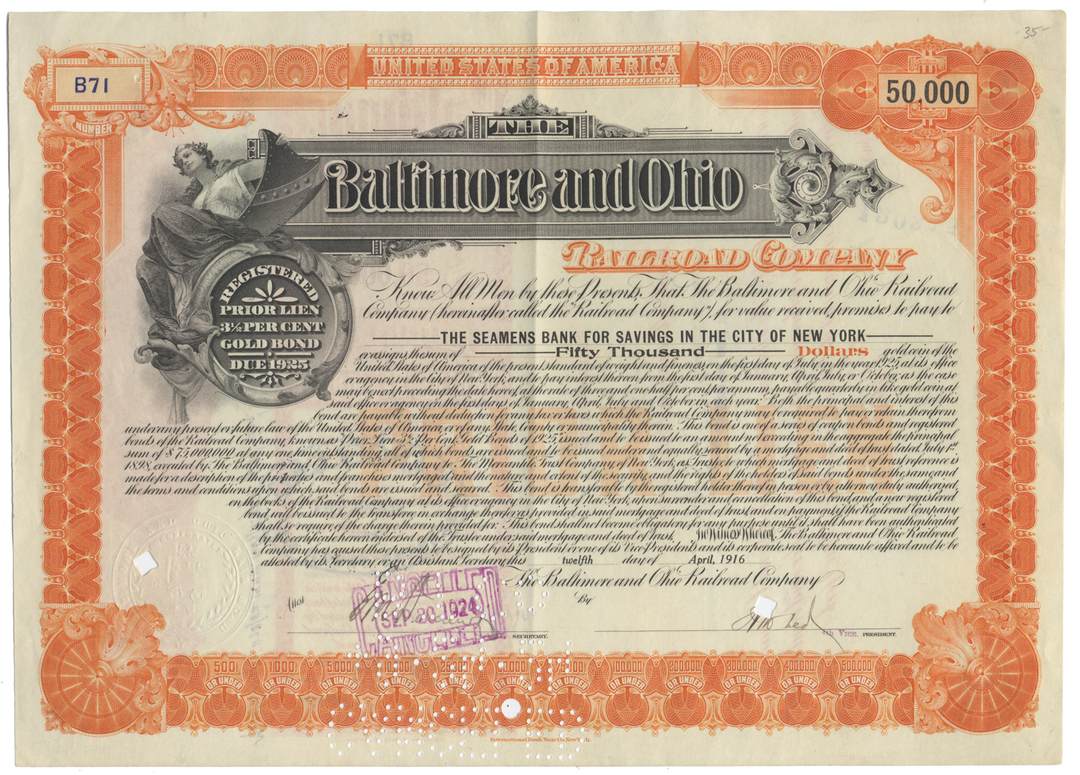 Baltimore and Ohio Railroad Company Bond Certificate