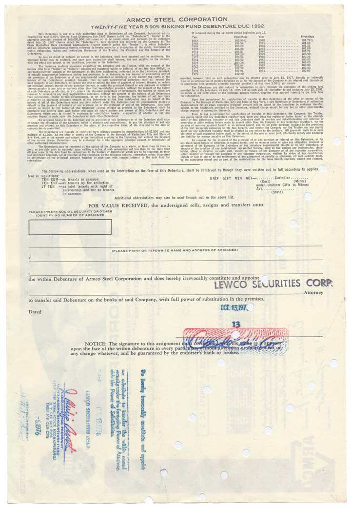 Armco Steel Corporation Bond Certificate