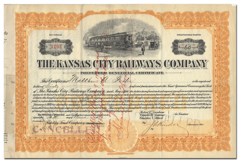 Kansas City Railways Company Stock Certificate