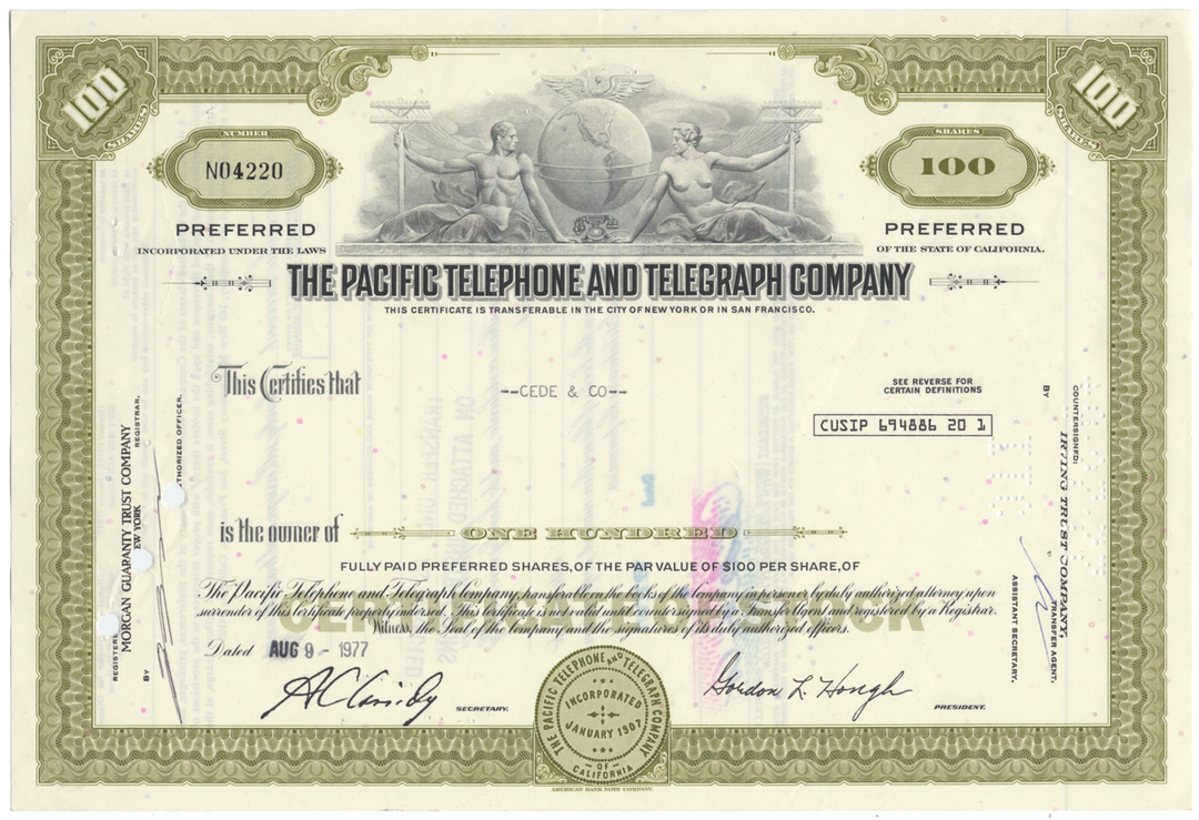 Pacific Telephone and Telegraph Company Stock Certificate