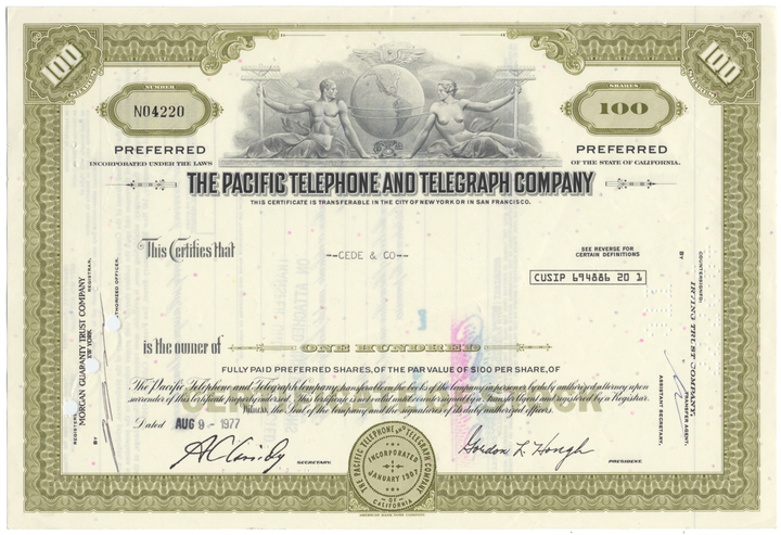 Pacific Telephone and Telegraph Company Stock Certificate