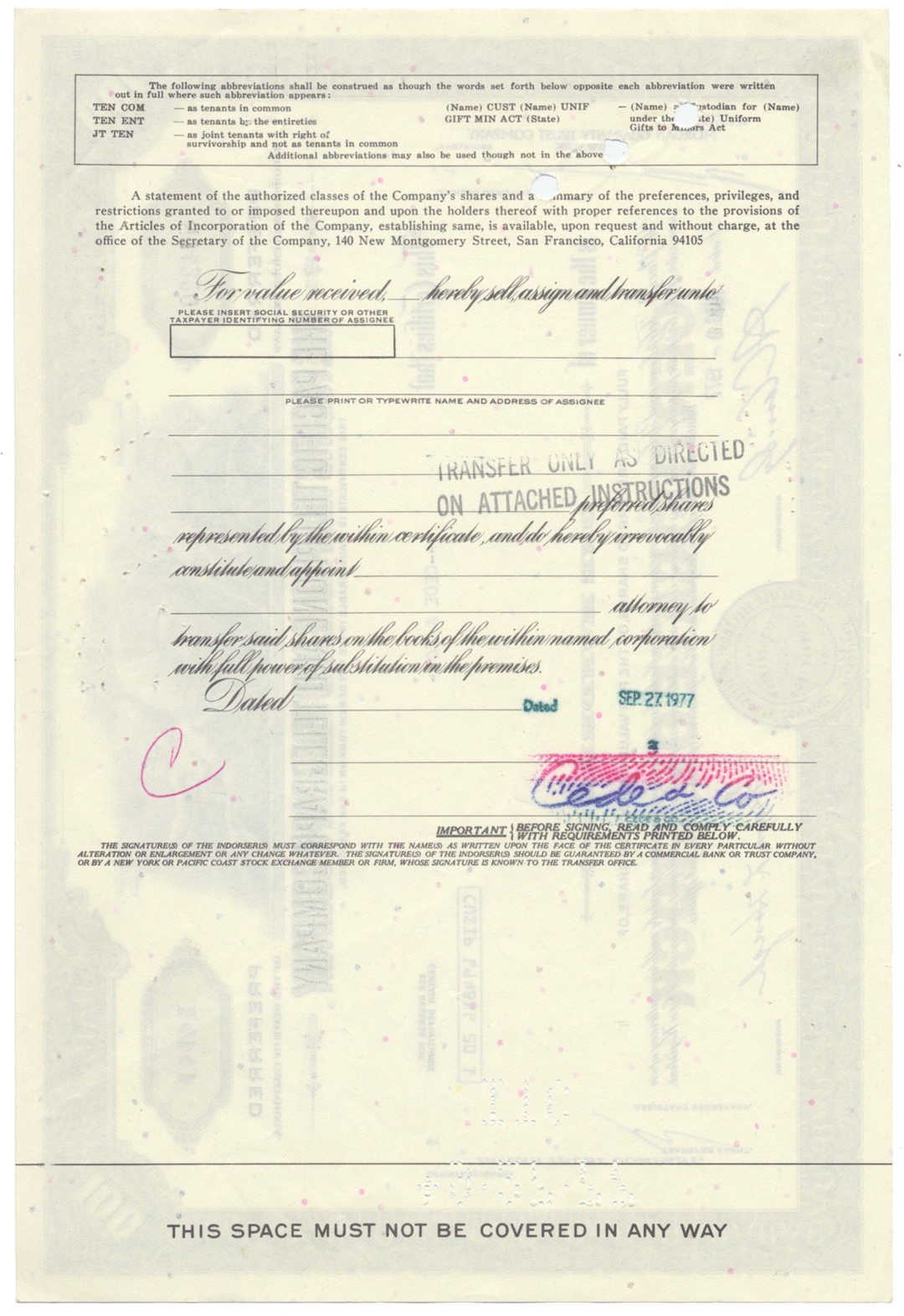 Pacific Telephone and Telegraph Company Stock Certificate