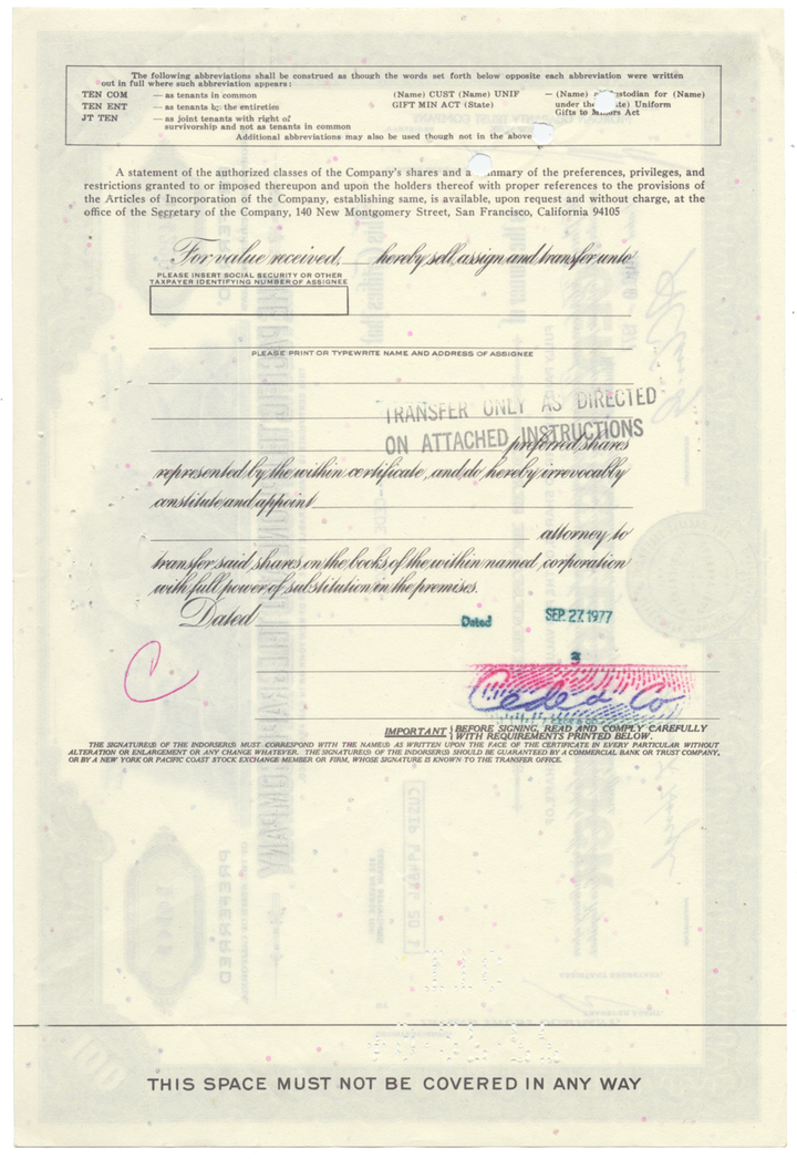 Pacific Telephone and Telegraph Company Stock Certificate