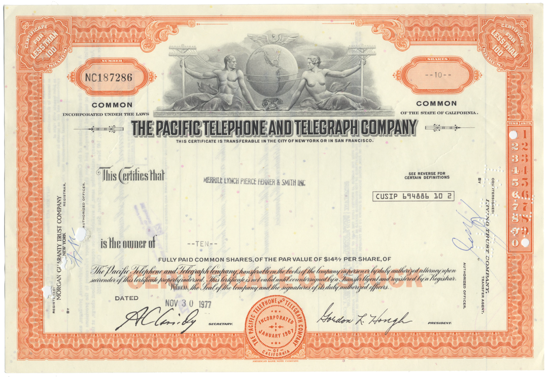 Pacific Telephone and Telegraph Company Stock Certificate