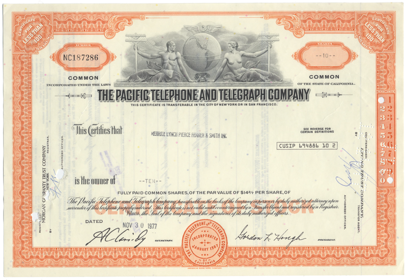 Pacific Telephone and Telegraph Company Stock Certificate