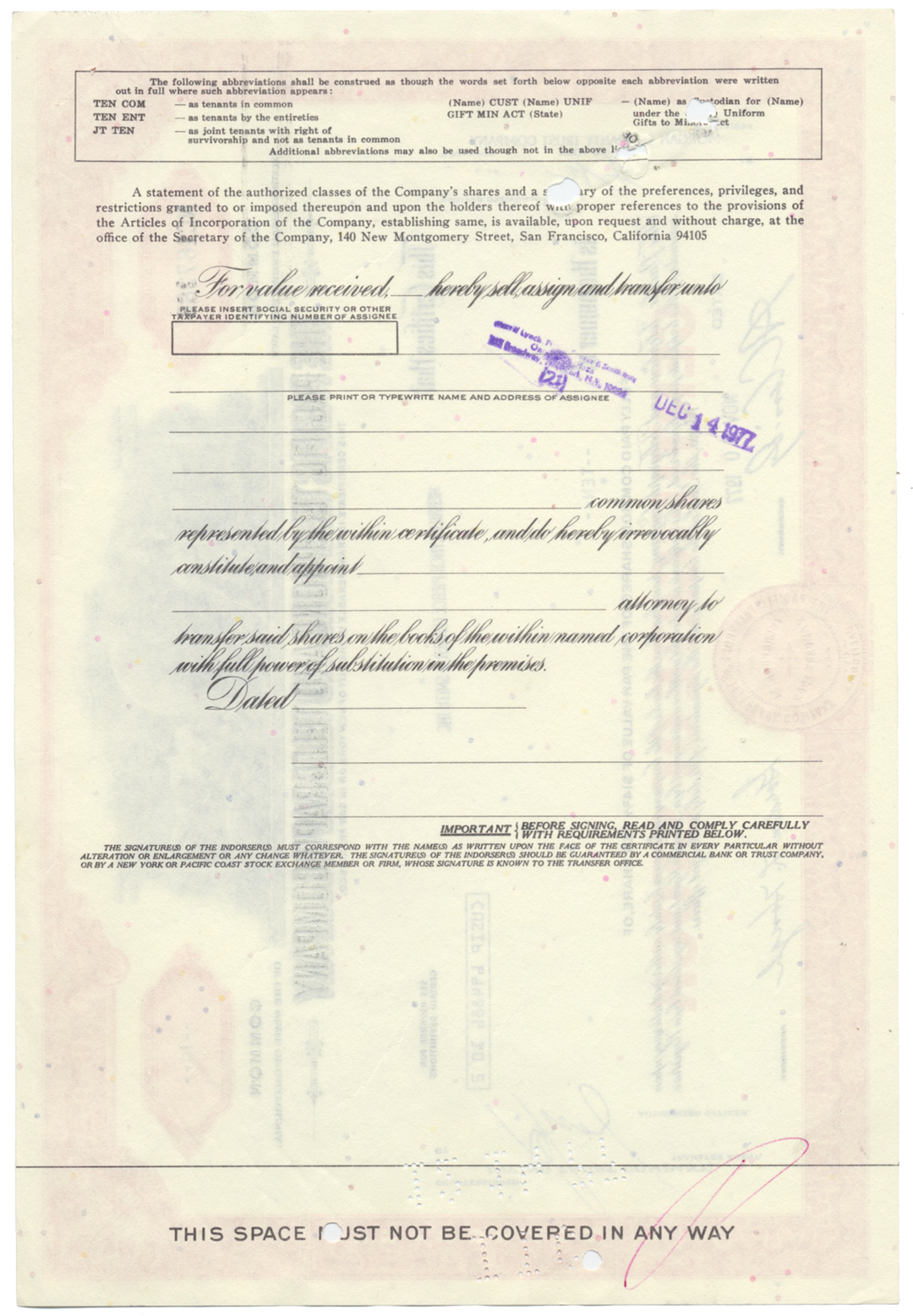 Pacific Telephone and Telegraph Company Stock Certificate