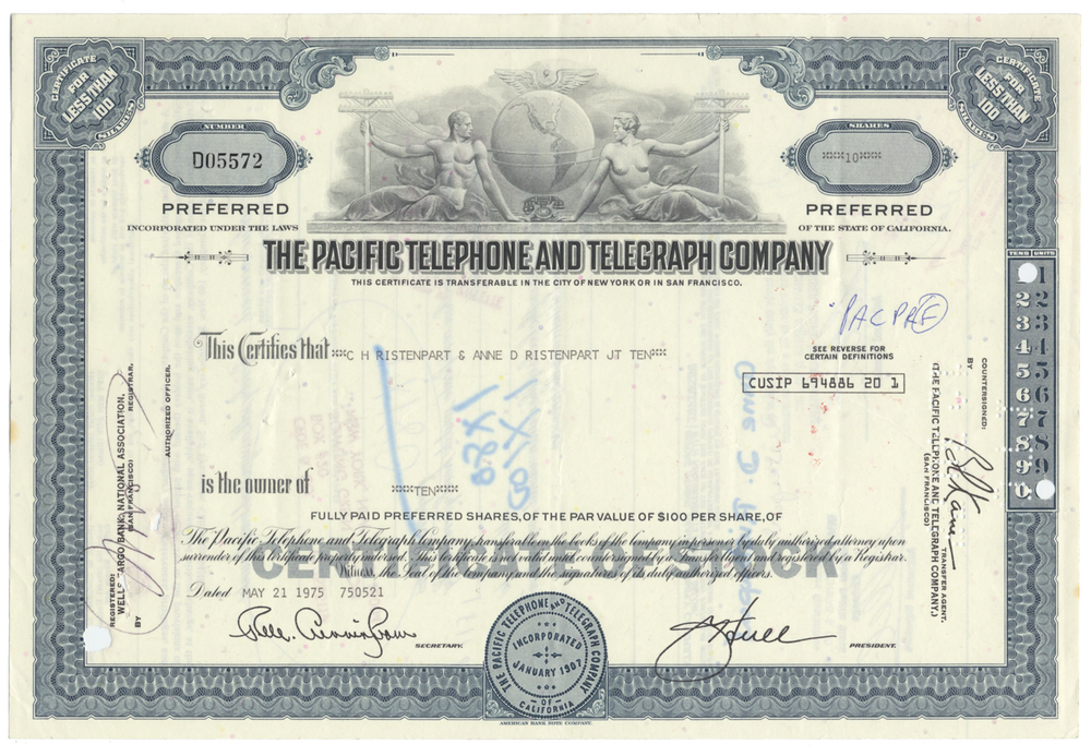 Pacific Telephone and Telegraph Company Stock Certificate