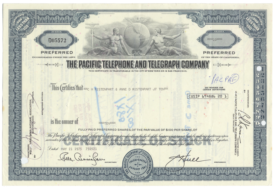 Pacific Telephone and Telegraph Company Stock Certificate