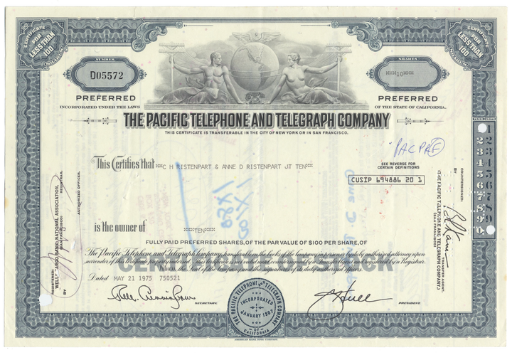 Pacific Telephone and Telegraph Company Stock Certificate