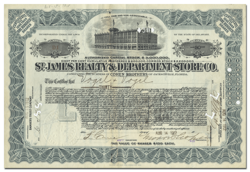 St. James Realty & Department Store Co. Stock Certificate