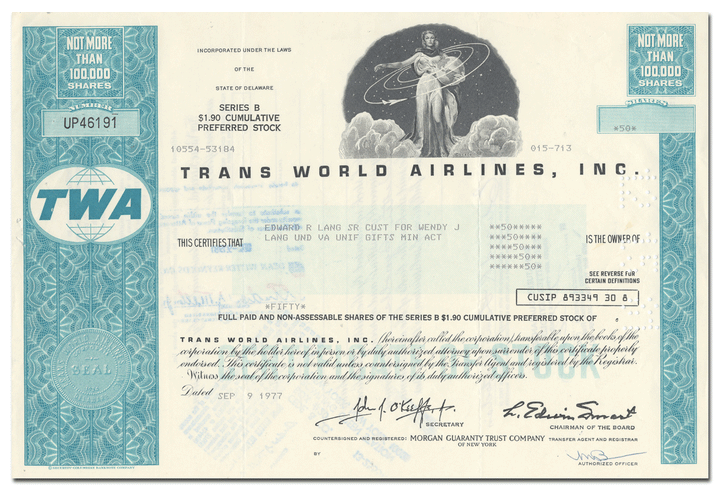 Trans World Air Lines, Inc. Stock Certificate