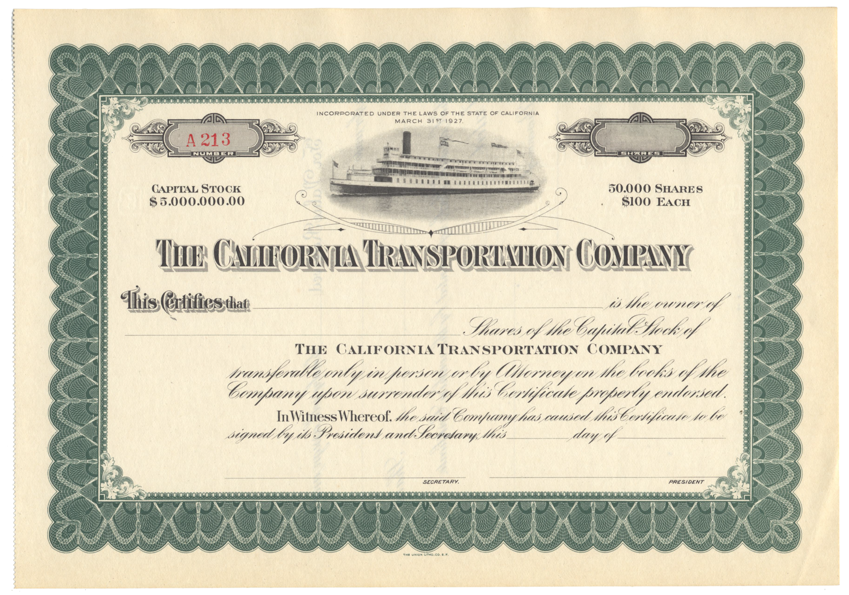 California Transportation Company Stock Certificate