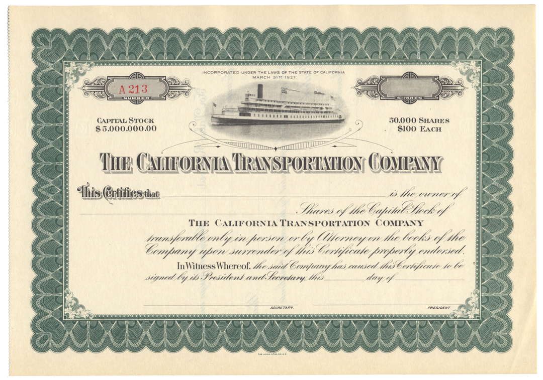 California Transportation Company Stock Certificate