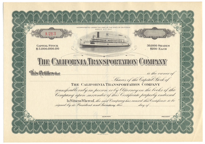 California Transportation Company Stock Certificate