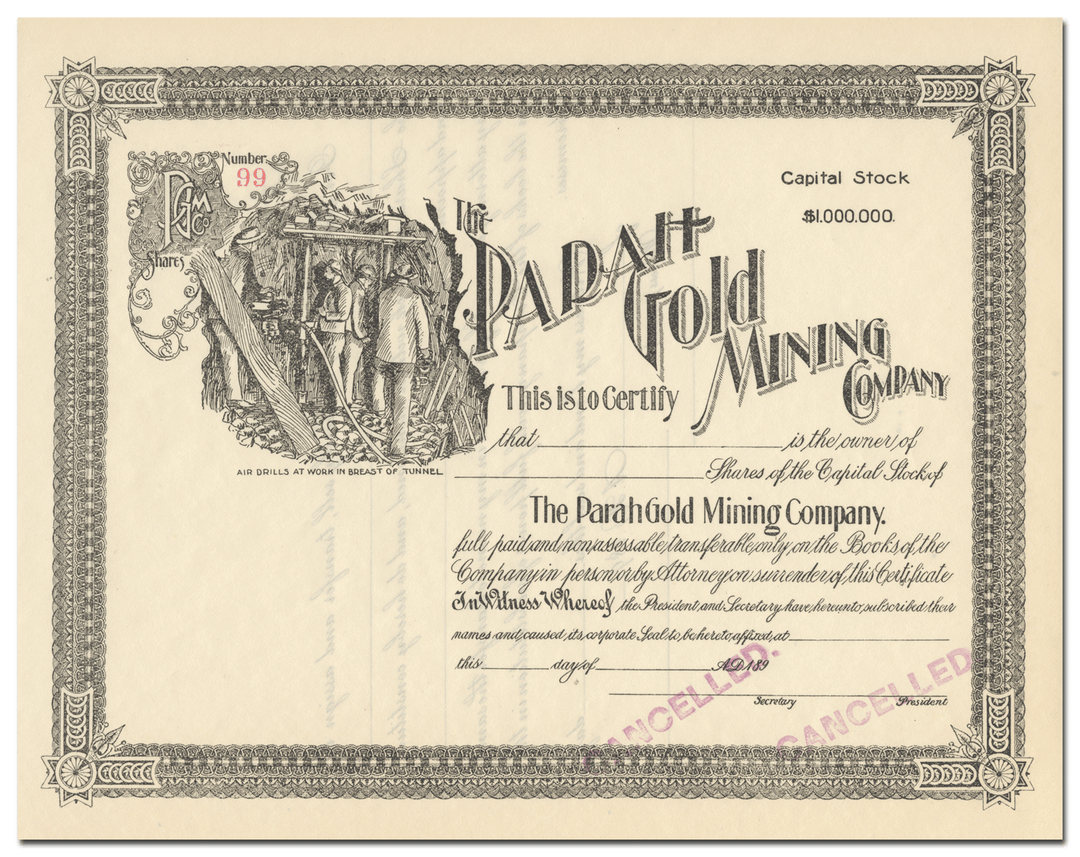 Parah Gold Mining Company Stock Certificate