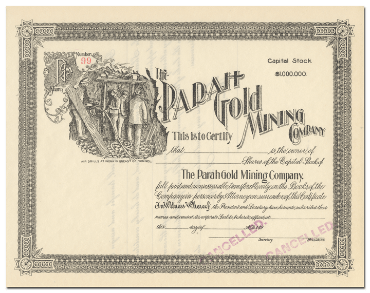 Parah Gold Mining Company Stock Certificate