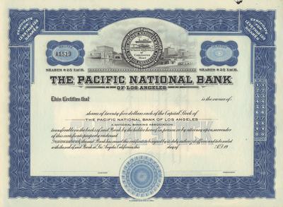 Pacific National Bank of Los Angeles Stock Certificate