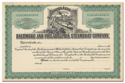 Baltimore and Philadelphia Steamboat Company Stock Certificate