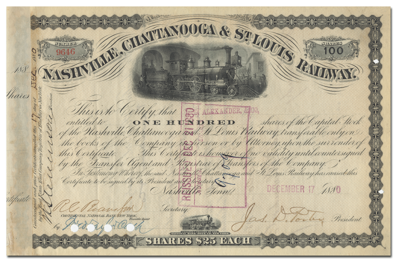 Nashville, Chattanooga & St. Louis Railway Stock Certificate Signed by James Davis Porter