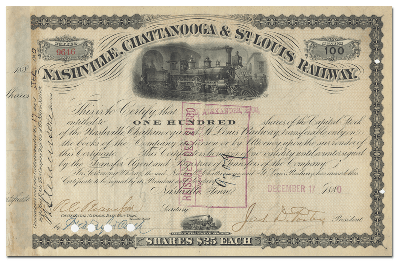 Nashville, Chattanooga & St. Louis Railway Stock Certificate Signed by James Davis Porter