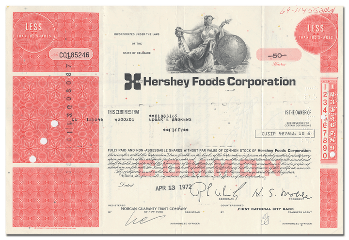 Hershey Foods Corporation Stock Certificate