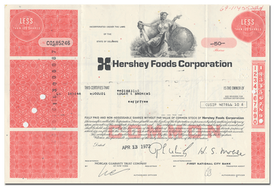 Hershey Foods Corporation Stock Certificate