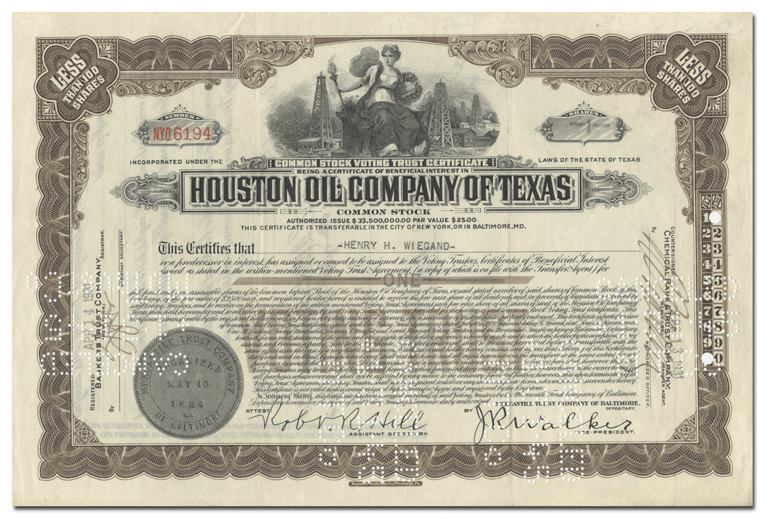 Houston Oil Company of Texas Stock Certificate