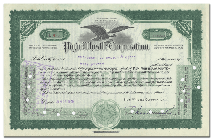 Pig'n Whistle Corporation Stock Certificate