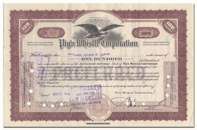 Pig'n Whistle Corporation Stock Certificate