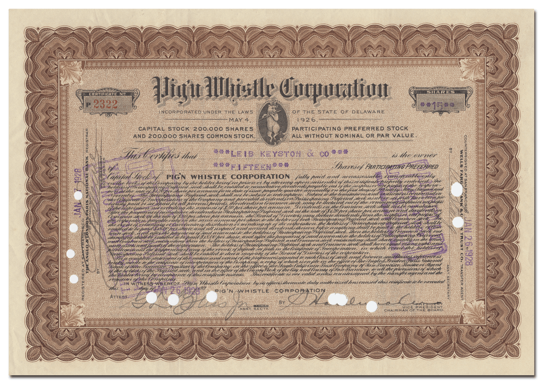 Pig'n Whistle Corporation Stock Certificate