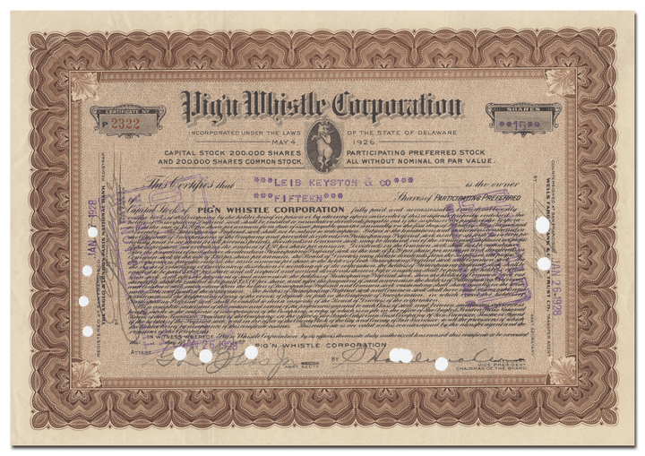 Pig'n Whistle Corporation Stock Certificate